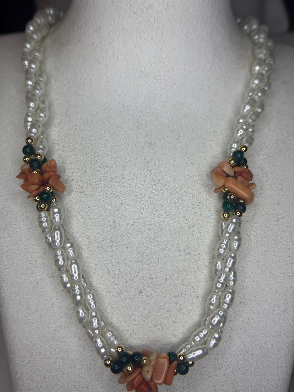 simulated rice pearl with stone necklace